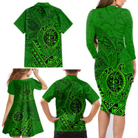 Hawaii Monk Seal and Dolphin Family Matching Long Sleeve Bodycon Dress and Hawaiian Shirt Polynesian Kakau Pattern Green LT03 - Polynesian Pride