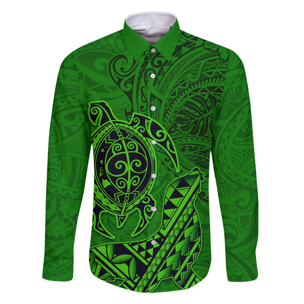 Hawaii Monk Seal and Dolphin Family Matching Long Sleeve Bodycon Dress and Hawaiian Shirt Polynesian Kakau Pattern Green LT03 Dad's Shirt - Long Sleeve Green - Polynesian Pride