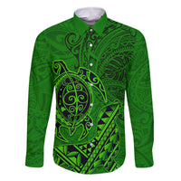 Hawaii Monk Seal and Dolphin Family Matching Long Sleeve Bodycon Dress and Hawaiian Shirt Polynesian Kakau Pattern Green LT03 Dad's Shirt - Long Sleeve Green - Polynesian Pride
