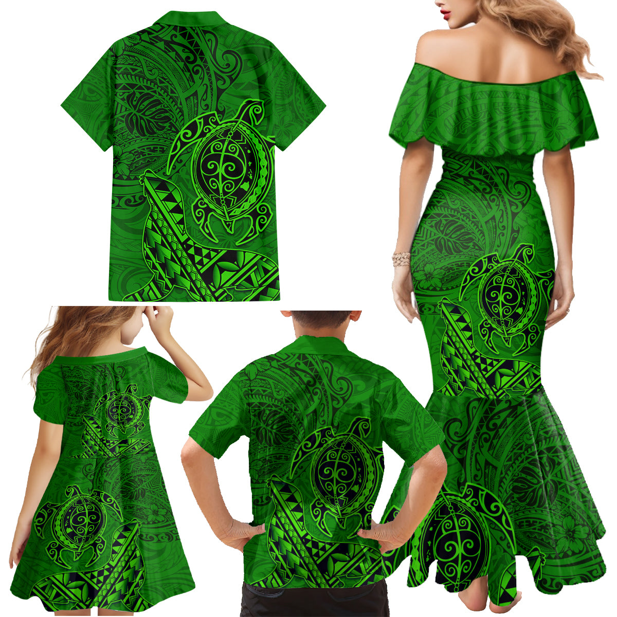 Hawaii Monk Seal and Dolphin Family Matching Mermaid Dress and Hawaiian Shirt Polynesian Kakau Pattern Green