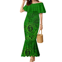 Hawaii Monk Seal and Dolphin Family Matching Mermaid Dress and Hawaiian Shirt Polynesian Kakau Pattern Green