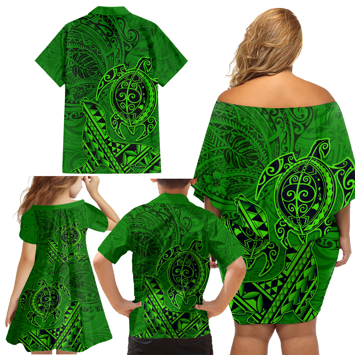 Hawaii Monk Seal and Dolphin Family Matching Off Shoulder Short Dress and Hawaiian Shirt Polynesian Kakau Pattern Green