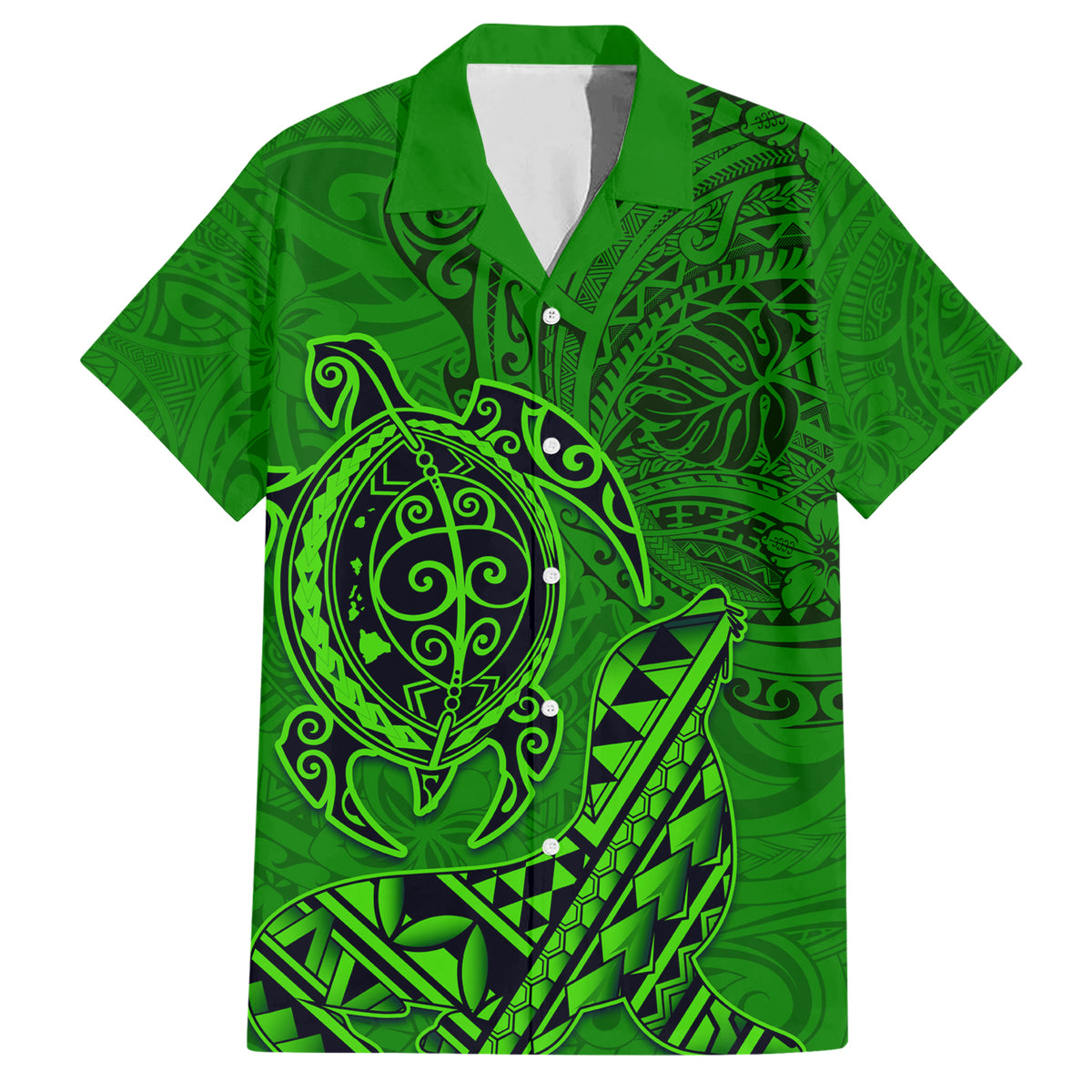 Hawaii Monk Seal and Dolphin Family Matching Short Sleeve Bodycon Dress and Hawaiian Shirt Polynesian Kakau Pattern Green