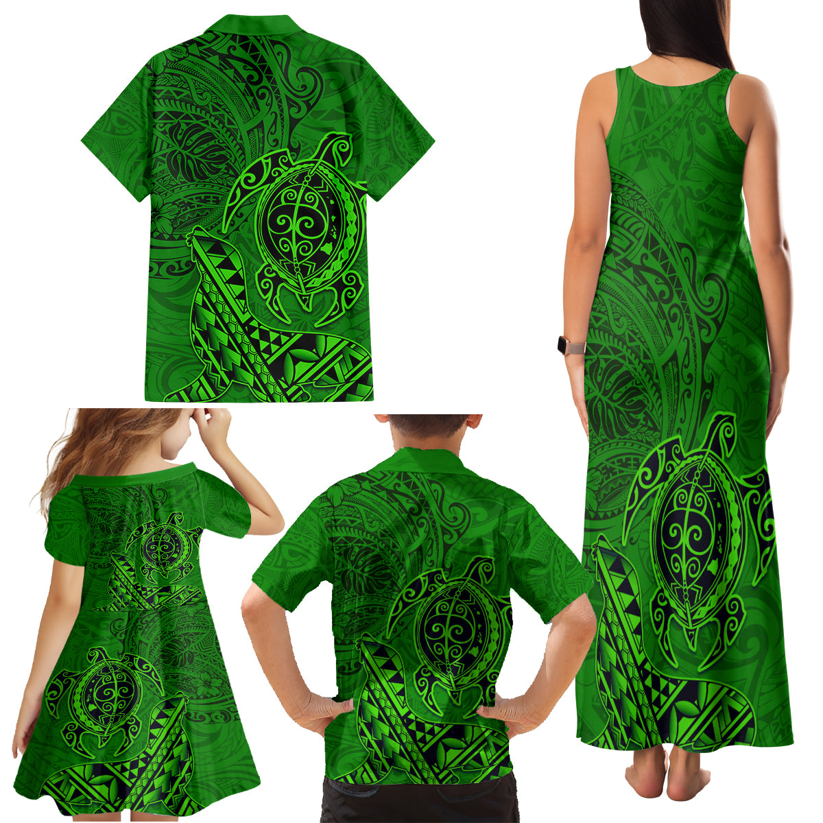 Hawaii Monk Seal and Dolphin Family Matching Tank Maxi Dress and Hawaiian Shirt Polynesian Kakau Pattern Green