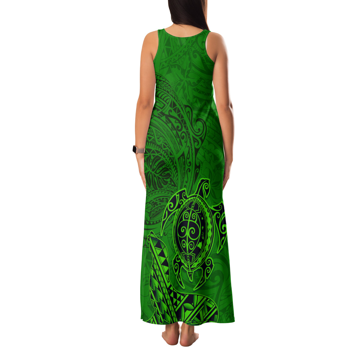 Hawaii Monk Seal and Dolphin Family Matching Tank Maxi Dress and Hawaiian Shirt Polynesian Kakau Pattern Green