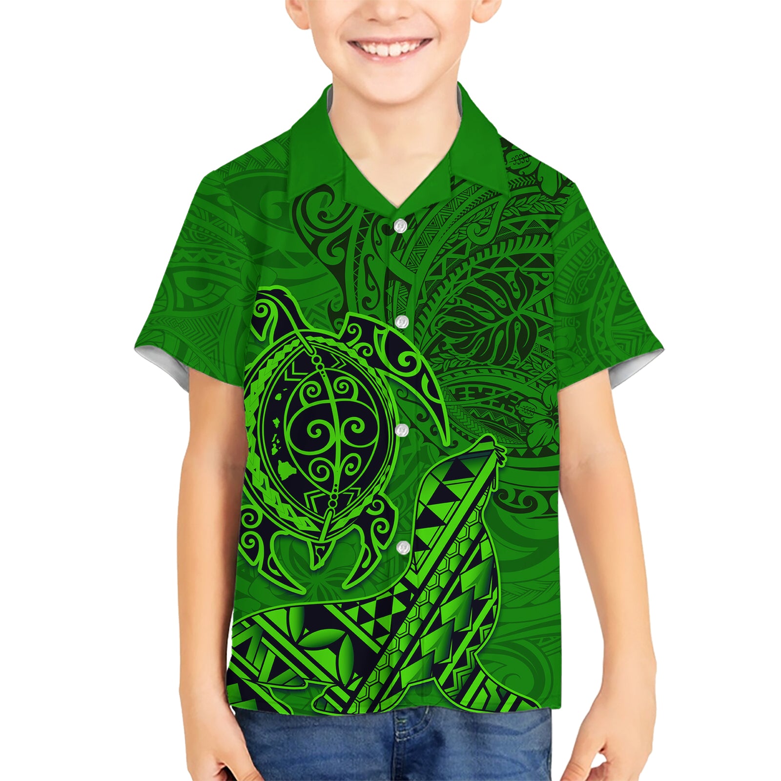 Hawaii Monk Seal and Dolphin Kid Hawaiian Shirt Polynesian Kakau Pattern Green