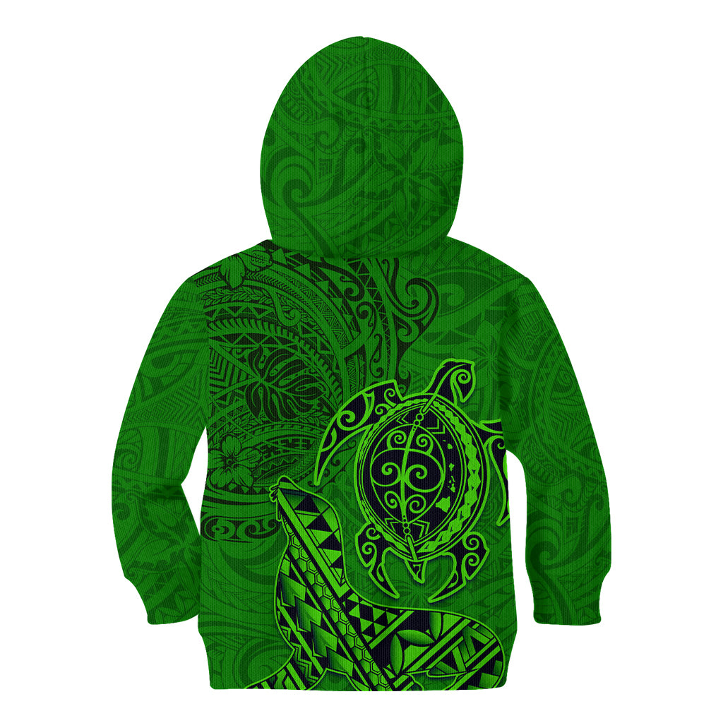 Hawaii Monk Seal and Dolphin Kid Hoodie Polynesian Kakau Pattern Green