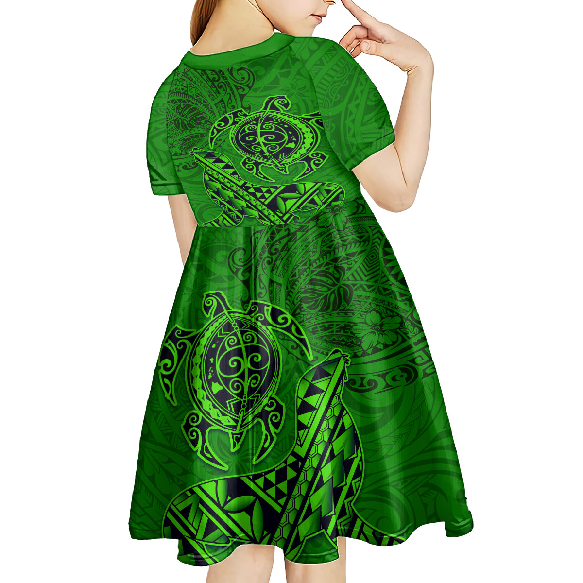 Hawaii Monk Seal and Dolphin Kid Short Sleeve Dress Polynesian Kakau Pattern Green