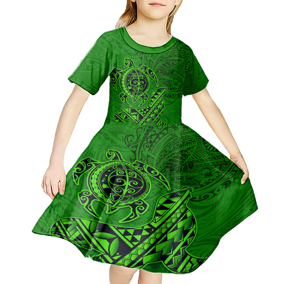 Hawaii Monk Seal and Dolphin Kid Short Sleeve Dress Polynesian Kakau Pattern Green