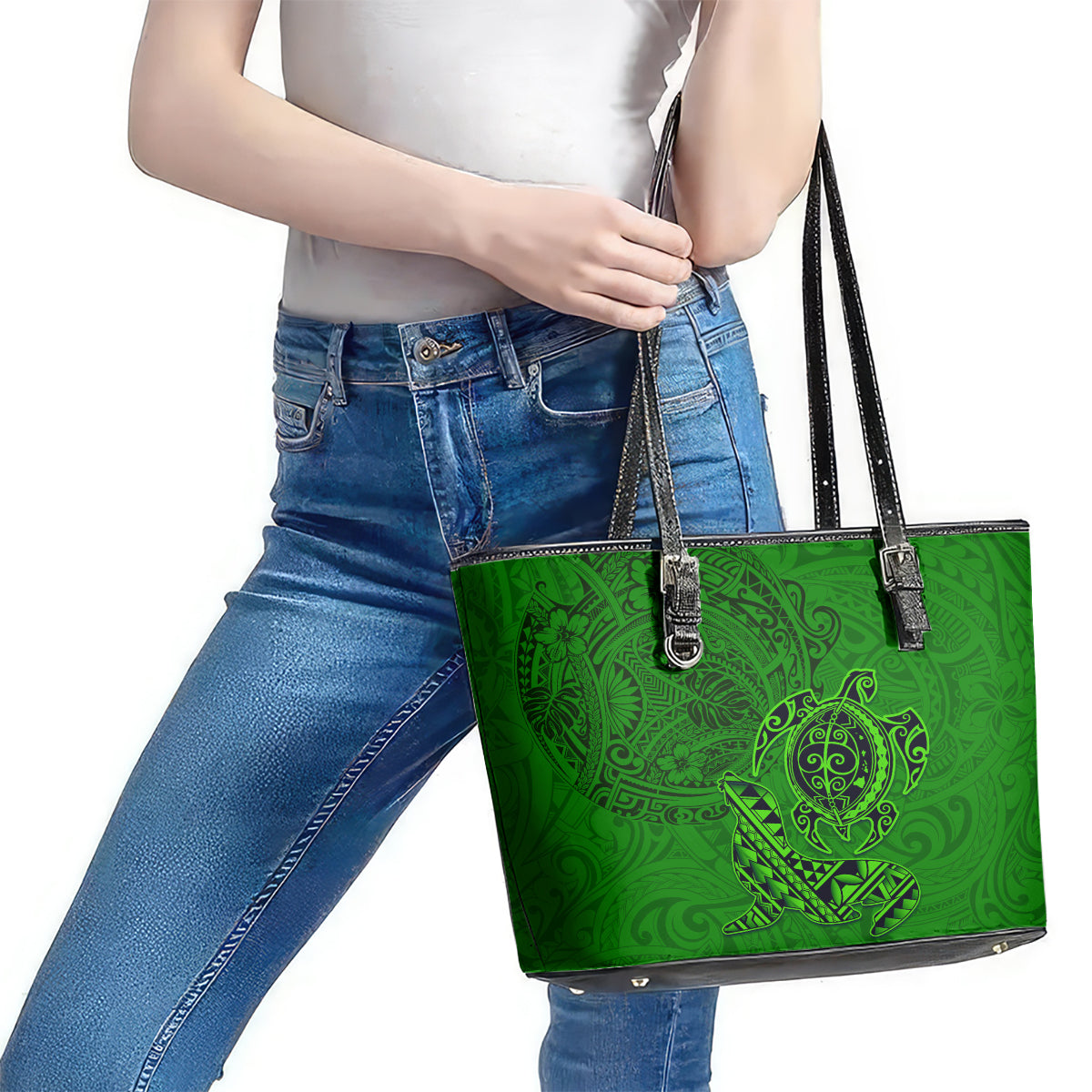 Hawaii Monk Seal and Dolphin Leather Tote Bag Polynesian Kakau Pattern Green