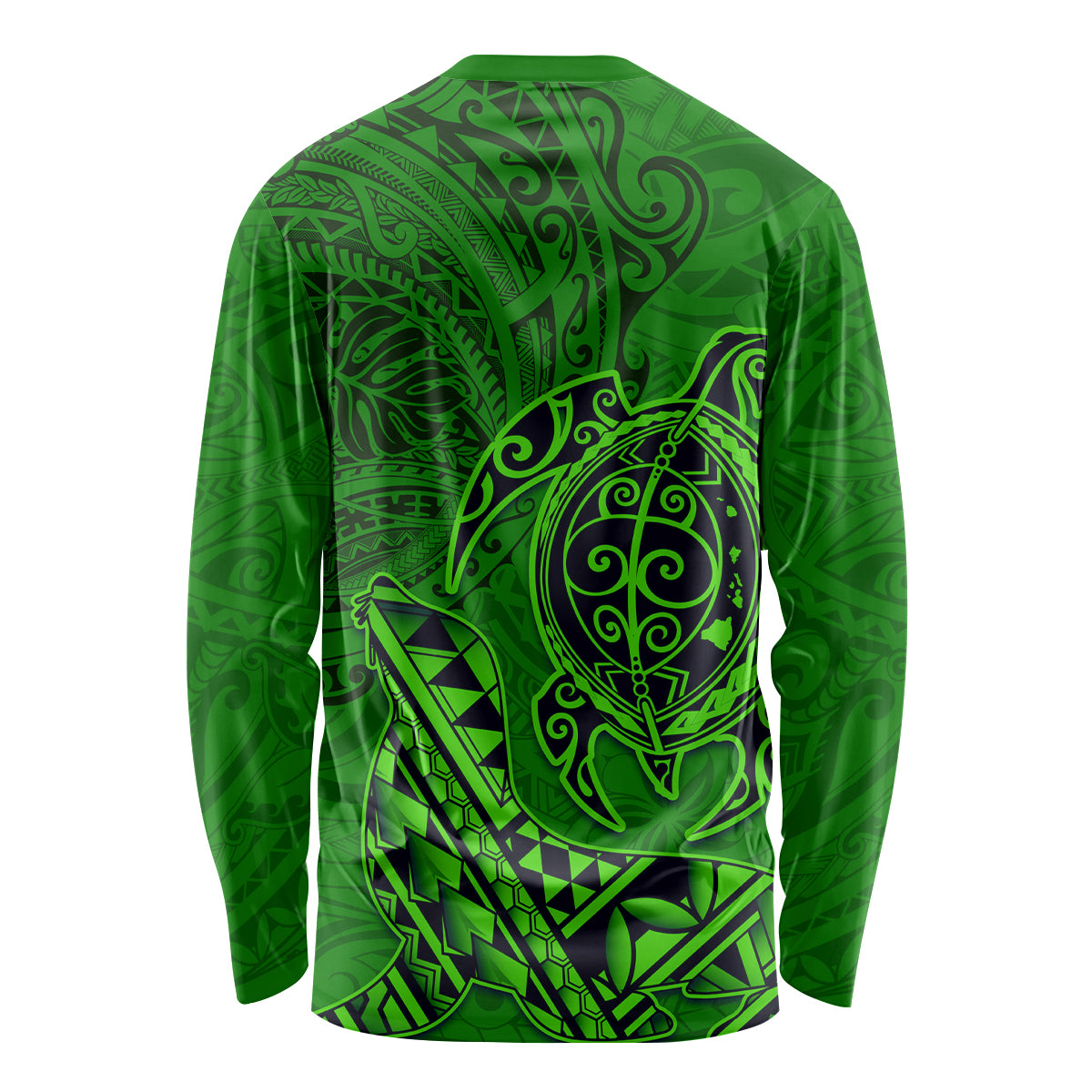 Hawaii Monk Seal and Dolphin Long Sleeve Shirt Polynesian Kakau Pattern Green