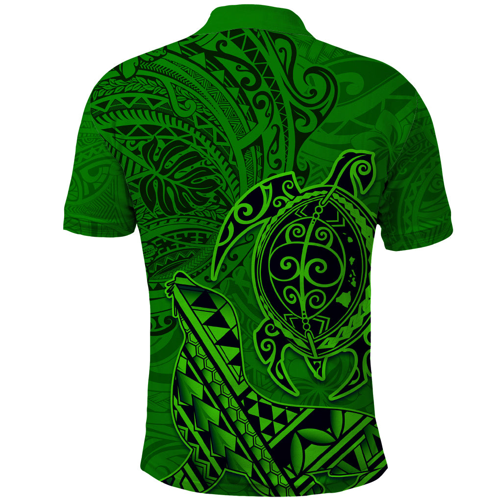 Hawaii Monk Seal and Dolphin Polo Shirt Polynesian Kakau Pattern Green