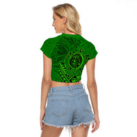 Hawaii Monk Seal and Dolphin Raglan Cropped T Shirt Polynesian Kakau Pattern Green