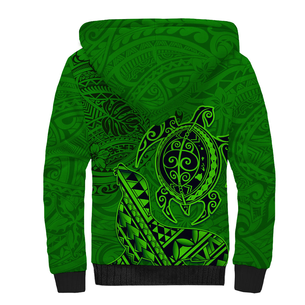 Hawaii Monk Seal and Dolphin Sherpa Hoodie Polynesian Kakau Pattern Green