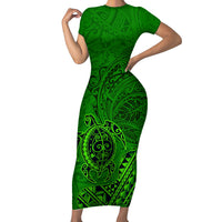 Hawaii Monk Seal and Dolphin Short Sleeve Bodycon Dress Polynesian Kakau Pattern Green LT03 Long Dress Green - Polynesian Pride