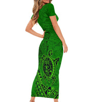 Hawaii Monk Seal and Dolphin Short Sleeve Bodycon Dress Polynesian Kakau Pattern Green LT03 - Polynesian Pride