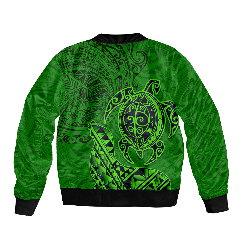 Hawaii Monk Seal and Dolphin Sleeve Zip Bomber Jacket Polynesian Kakau Pattern Green