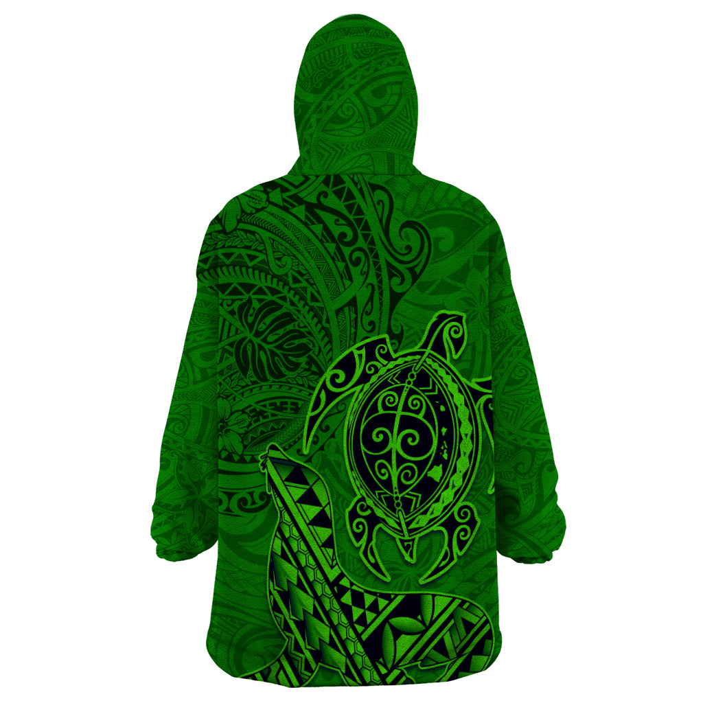 Hawaii Monk Seal and Dolphin Wearable Blanket Hoodie Polynesian Kakau Pattern Green