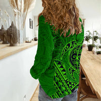 Hawaii Monk Seal and Dolphin Women Casual Shirt Polynesian Kakau Pattern Green