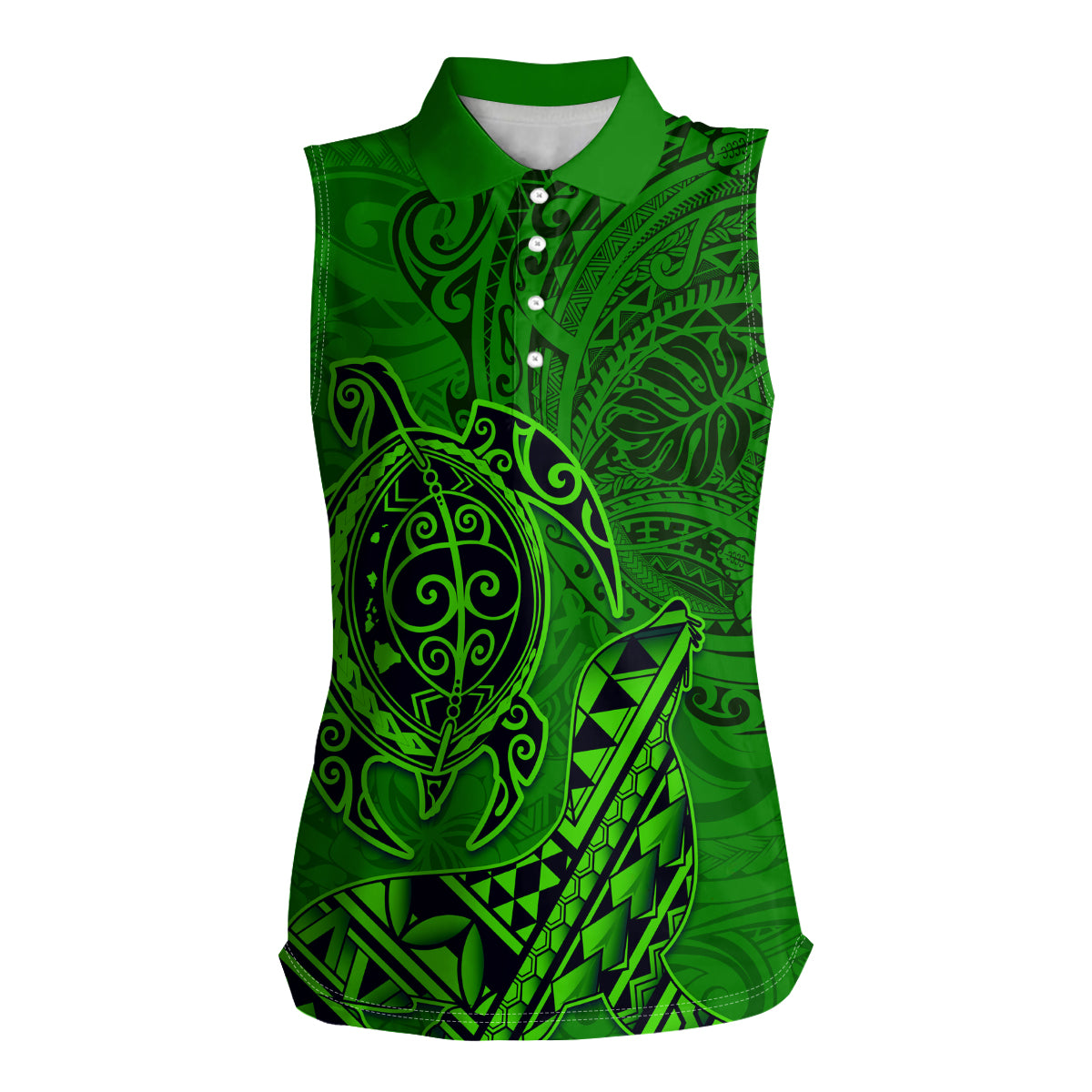 Hawaii Monk Seal and Dolphin Women Sleeveless Polo Shirt Polynesian Kakau Pattern Green
