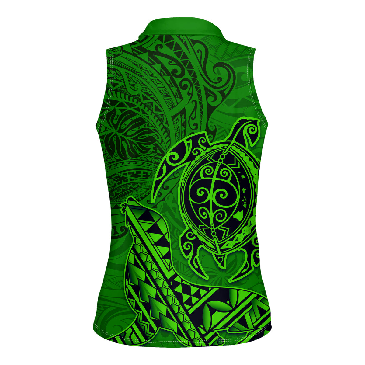 Hawaii Monk Seal and Dolphin Women Sleeveless Polo Shirt Polynesian Kakau Pattern Green