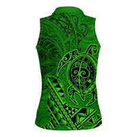 Hawaii Monk Seal and Dolphin Women Sleeveless Polo Shirt Polynesian Kakau Pattern Green