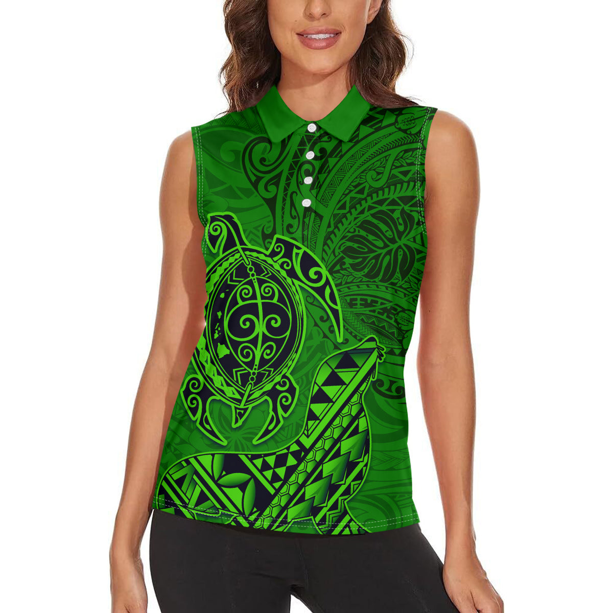 Hawaii Monk Seal and Dolphin Women Sleeveless Polo Shirt Polynesian Kakau Pattern Green