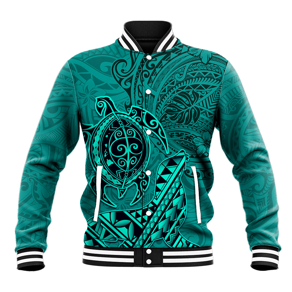Hawaii Monk Seal and Dolphin Baseball Jacket Polynesian Kakau Pattern Turquoise