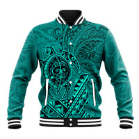 Hawaii Monk Seal and Dolphin Baseball Jacket Polynesian Kakau Pattern Turquoise
