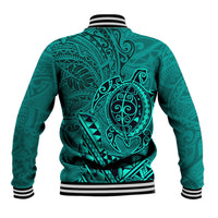 Hawaii Monk Seal and Dolphin Baseball Jacket Polynesian Kakau Pattern Turquoise