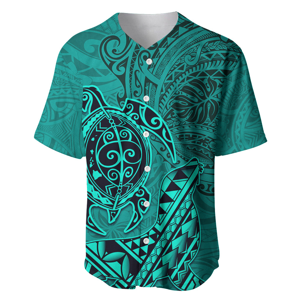 Hawaii Monk Seal and Dolphin Baseball Jersey Polynesian Kakau Pattern Turquoise