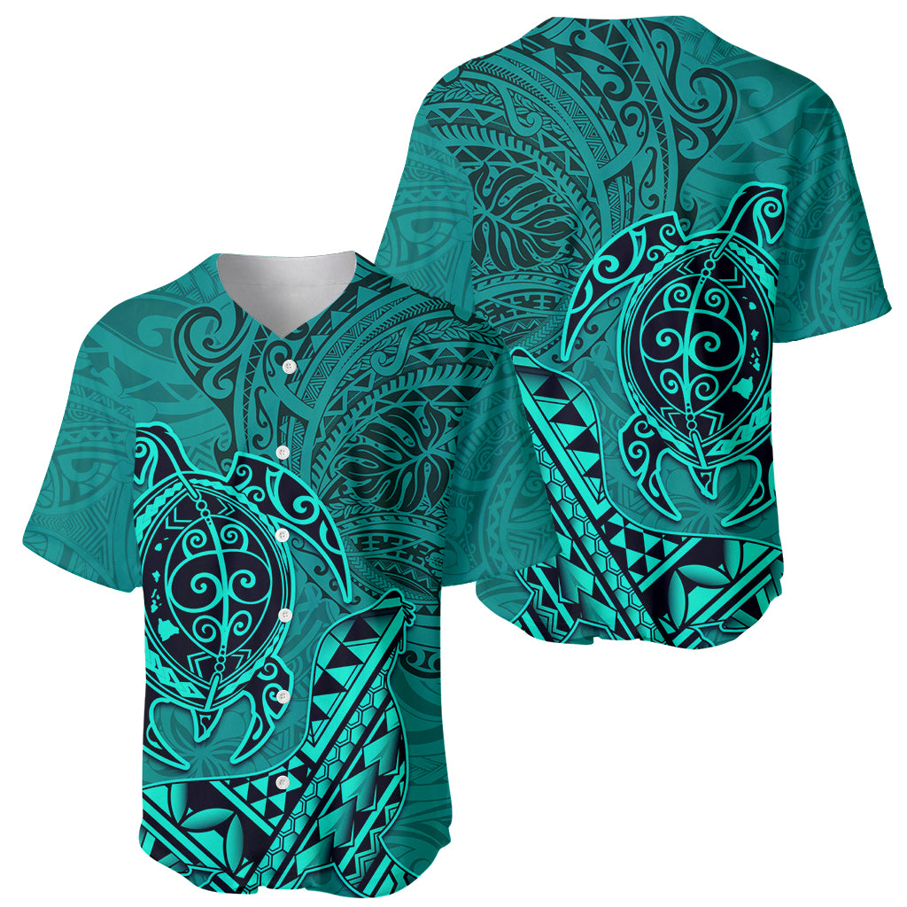 Hawaii Monk Seal and Dolphin Baseball Jersey Polynesian Kakau Pattern Turquoise