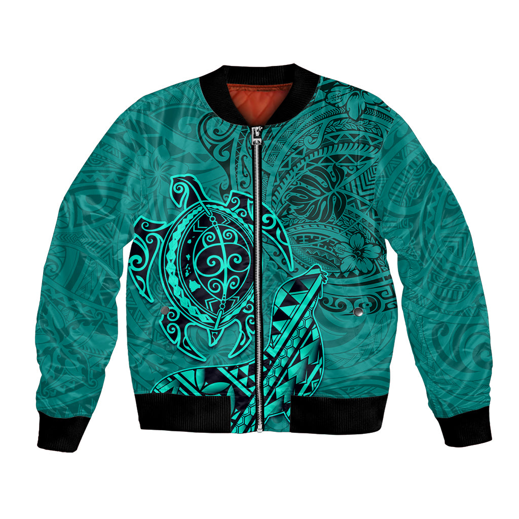 Hawaii Monk Seal and Dolphin Bomber Jacket Polynesian Kakau Pattern Turquoise