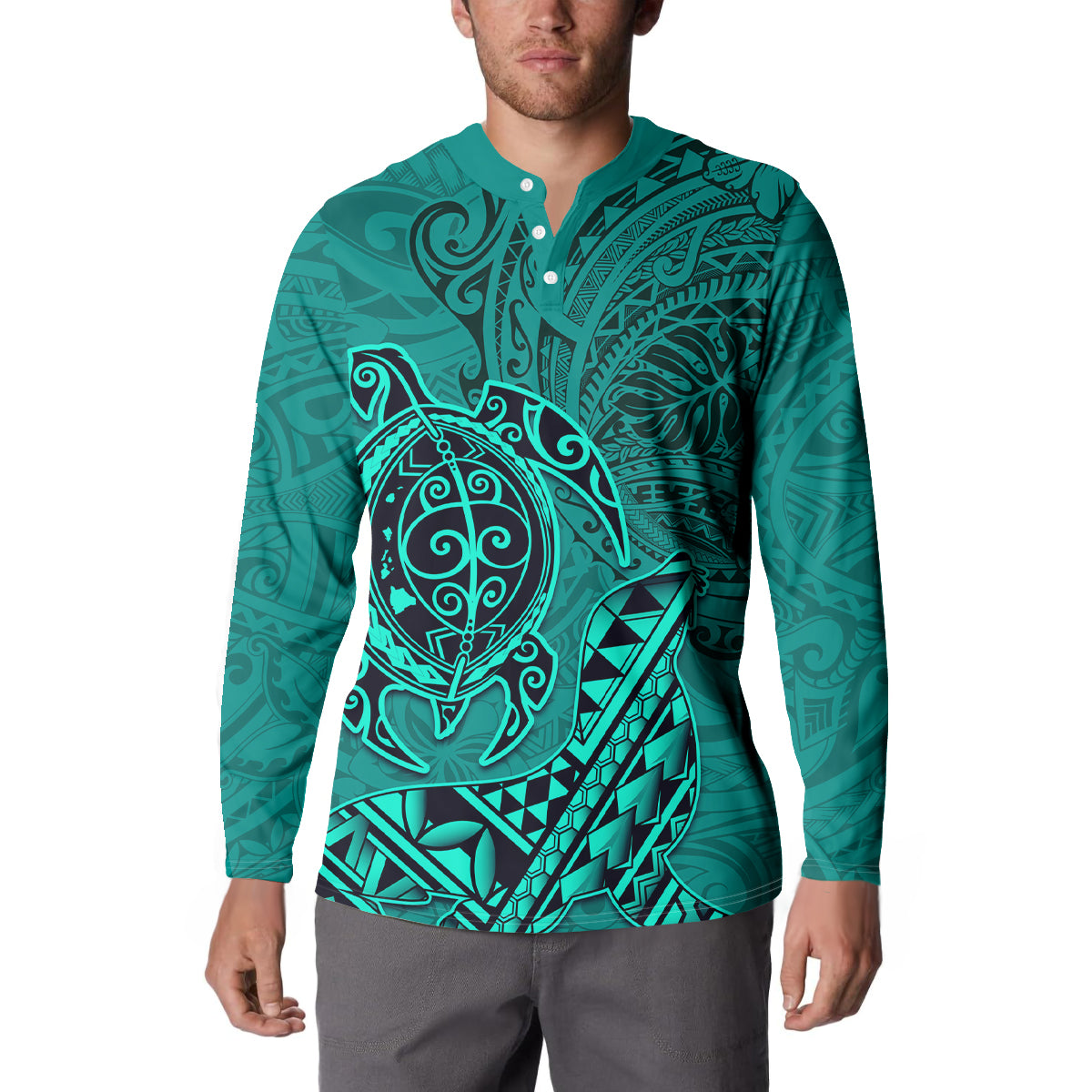 Hawaii Monk Seal and Dolphin Button Sweatshirt Polynesian Kakau Pattern Turquoise