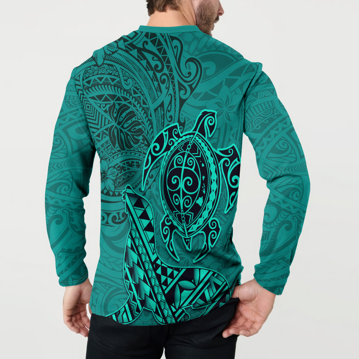 Hawaii Monk Seal and Dolphin Button Sweatshirt Polynesian Kakau Pattern Turquoise