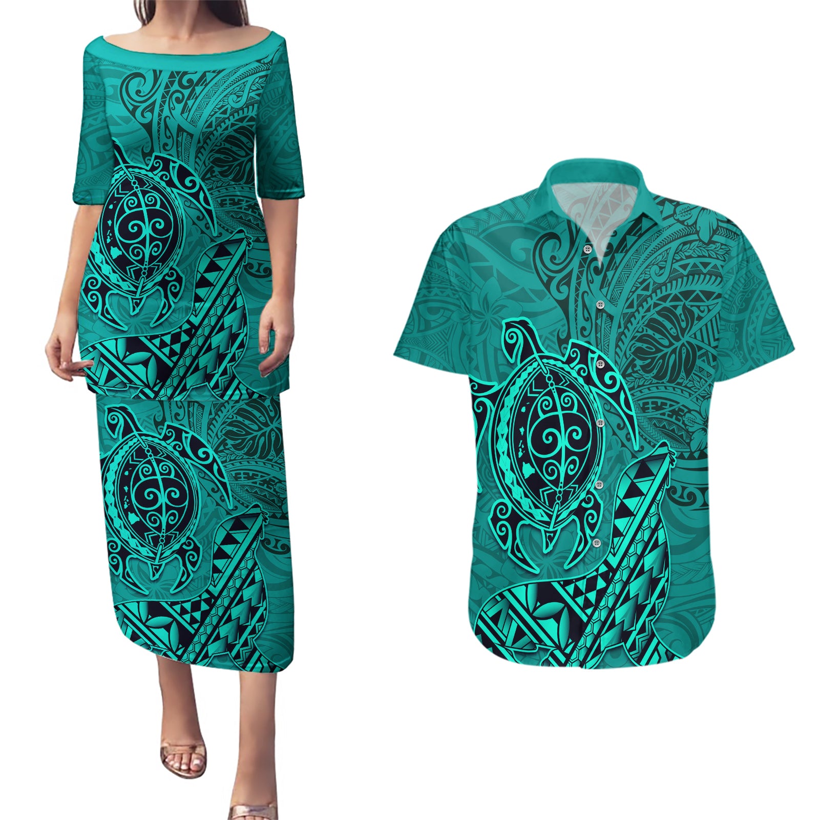 Hawaii Monk Seal and Dolphin Couples Matching Puletasi and Hawaiian Shirt Polynesian Kakau Pattern Turquoise