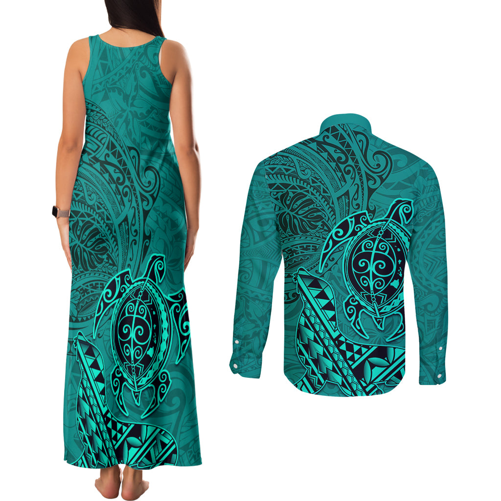 Hawaii Monk Seal and Dolphin Couples Matching Tank Maxi Dress and Long Sleeve Button Shirt Polynesian Kakau Pattern Turquoise
