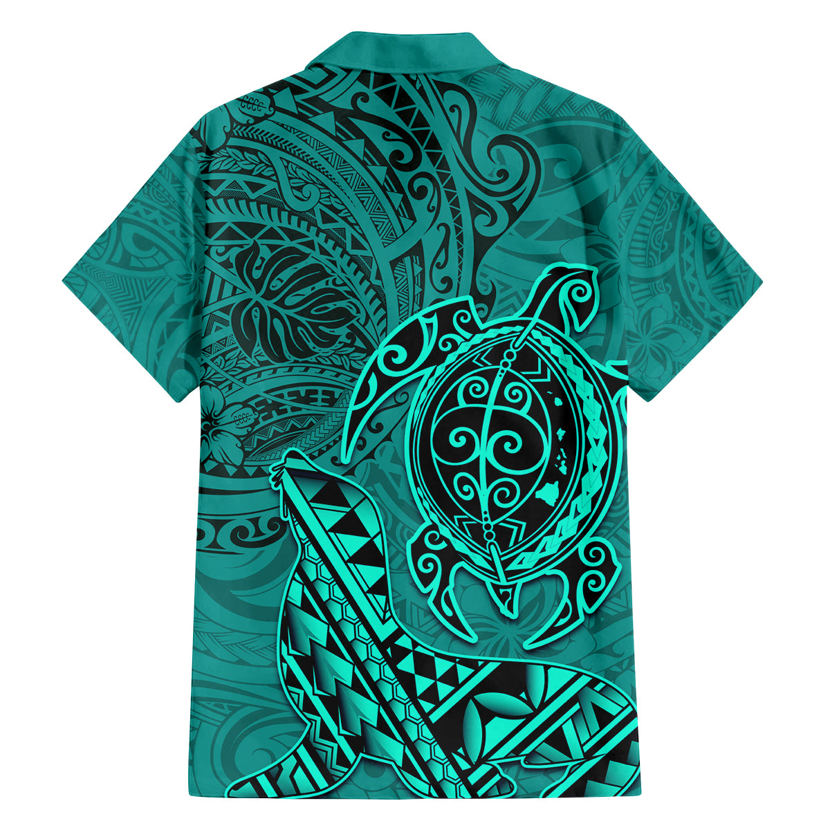 Hawaii Monk Seal and Dolphin Family Matching Long Sleeve Bodycon Dress and Hawaiian Shirt Polynesian Kakau Pattern Turquoise