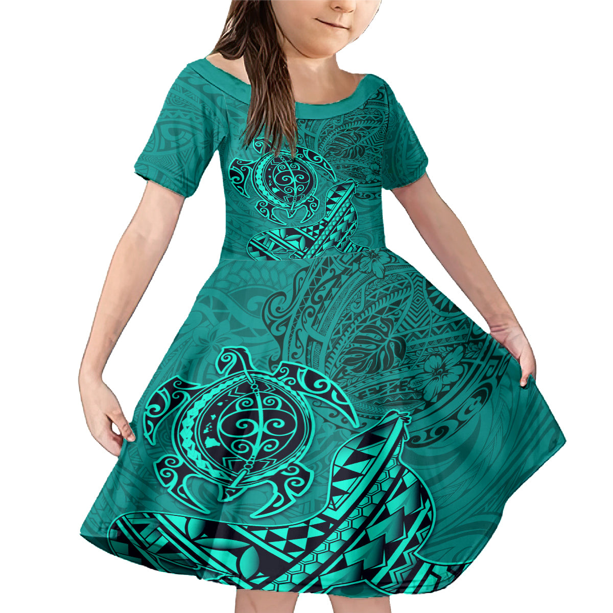 Hawaii Monk Seal and Dolphin Family Matching Mermaid Dress and Hawaiian Shirt Polynesian Kakau Pattern Turquoise