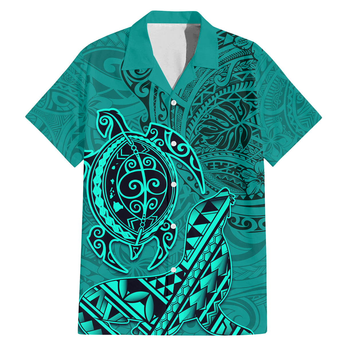 Hawaii Monk Seal and Dolphin Family Matching Mermaid Dress and Hawaiian Shirt Polynesian Kakau Pattern Turquoise