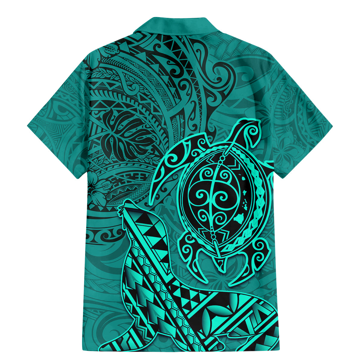 Hawaii Monk Seal and Dolphin Family Matching Mermaid Dress and Hawaiian Shirt Polynesian Kakau Pattern Turquoise