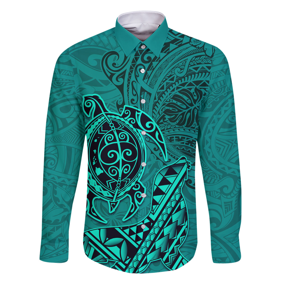 Hawaii Monk Seal and Dolphin Family Matching Short Sleeve Bodycon Dress and Hawaiian Shirt Polynesian Kakau Pattern Turquoise