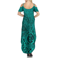 Hawaii Monk Seal and Dolphin Family Matching Summer Maxi Dress and Hawaiian Shirt Polynesian Kakau Pattern Turquoise