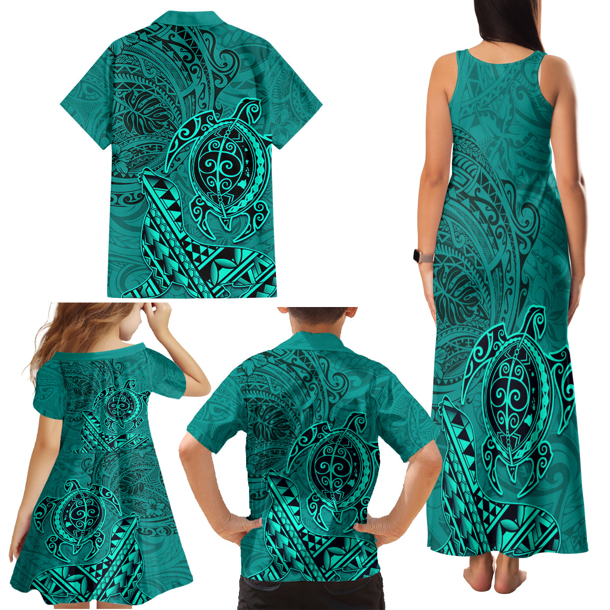 Hawaii Monk Seal and Dolphin Family Matching Tank Maxi Dress and Hawaiian Shirt Polynesian Kakau Pattern Turquoise