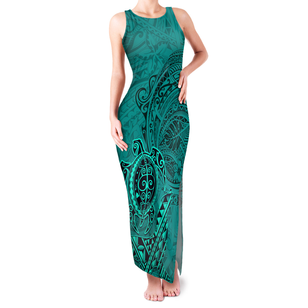 Hawaii Monk Seal and Dolphin Family Matching Tank Maxi Dress and Hawaiian Shirt Polynesian Kakau Pattern Turquoise