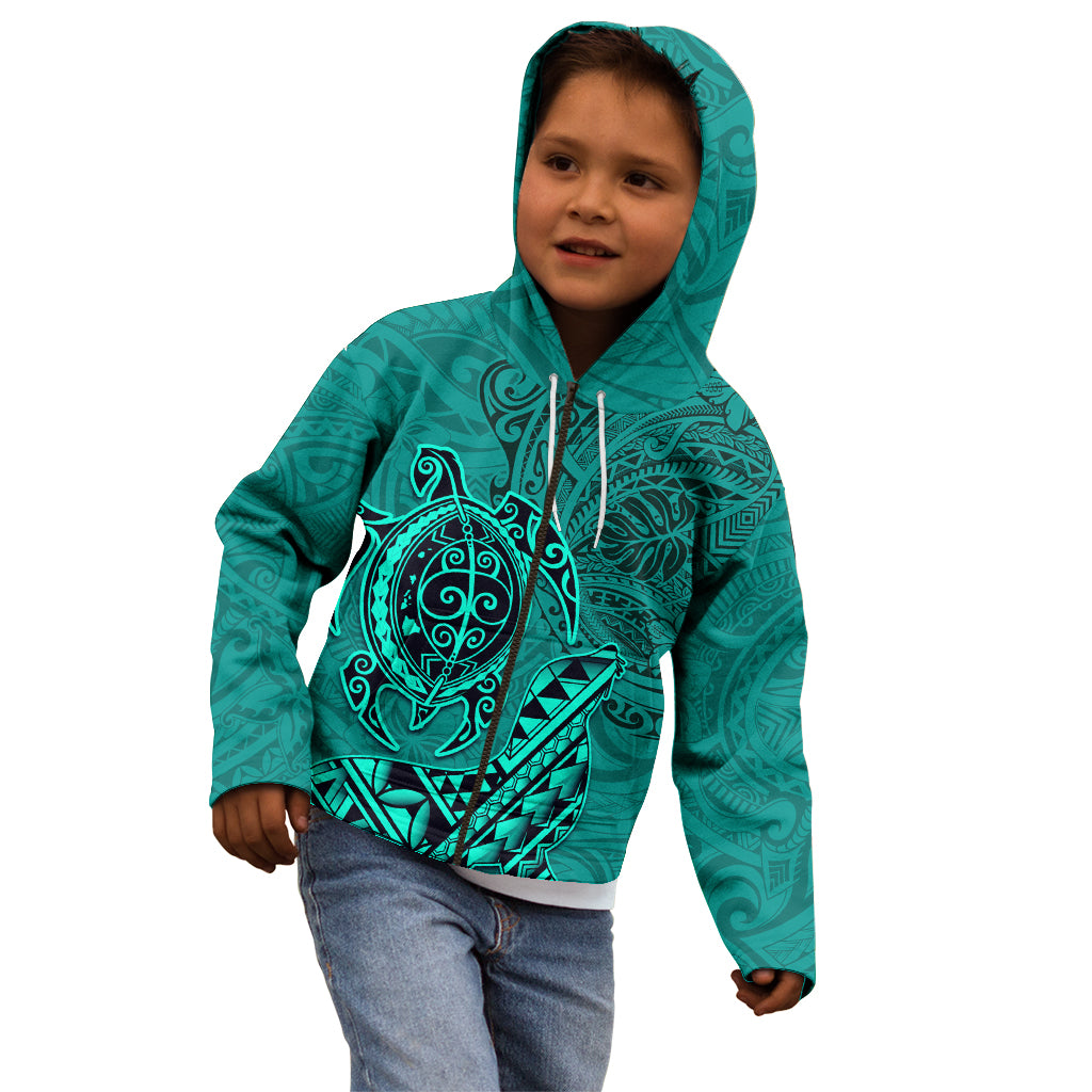 Hawaii Monk Seal and Dolphin Kid Hoodie Polynesian Kakau Pattern Turquoise
