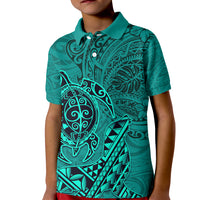 Hawaii Monk Seal and Dolphin Kid Polo Shirt Polynesian Kakau Pattern Turquoise