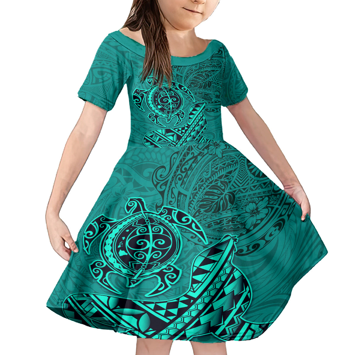 Hawaii Monk Seal and Dolphin Kid Short Sleeve Dress Polynesian Kakau Pattern Turquoise