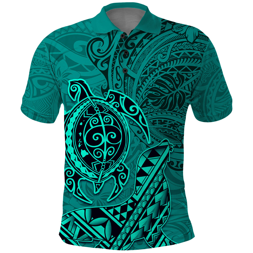 Hawaii Monk Seal and Dolphin Polo Shirt Polynesian Kakau Pattern Turquoise