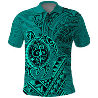 Hawaii Monk Seal and Dolphin Polo Shirt Polynesian Kakau Pattern Turquoise